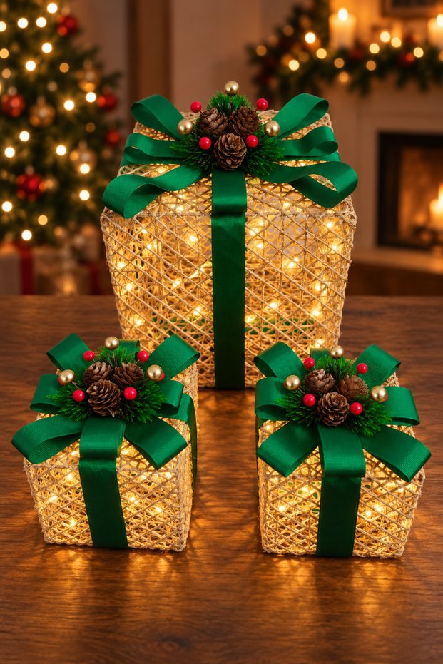 3-Piece Led Lighted Gift Box Set under the Christmas Tree, Jute Wicker Pine Tree Ornament