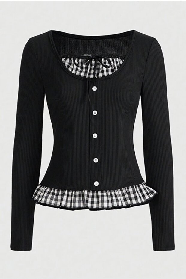Black Plaid Gingham Detailed Ribbed Vintage Long Sleeve Blouse