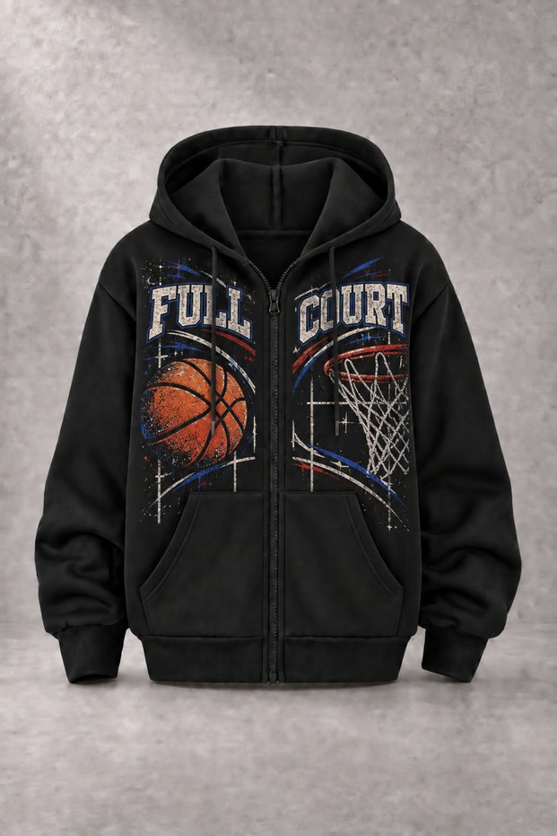 Unisex Full Court Basketball Printed Three Yarn Combed Cotton Fabric Hooded Zippered Black Cardigan