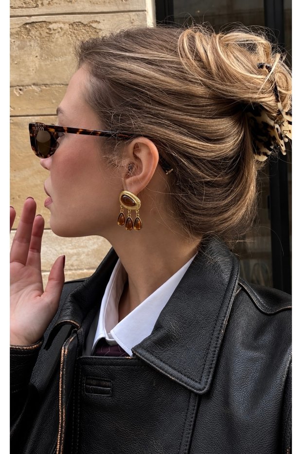 Cognac Drop Gold Vintage Earrings