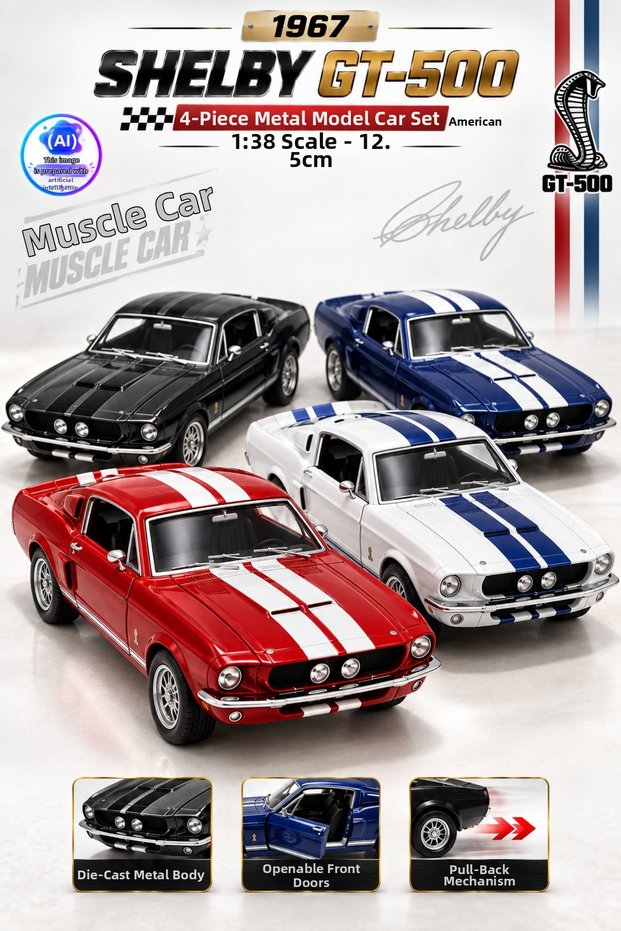 Die Cast 1967 Shelby Gt-500 Model Car Set of 4 13cm – 1:38 Scale Metal Body Pull-Open Door Pull-Open Window Pull-Open Hood Pull-Open Trunk