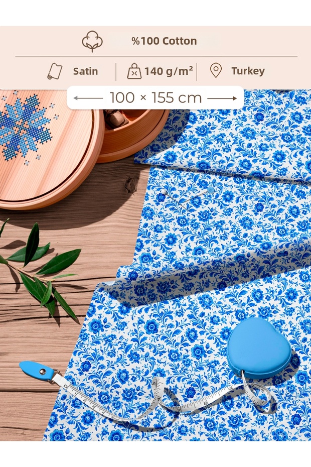 100% Cotton Satin Patchwork Fabric – 155X100 cm – Traditional Floral Pattern, in White and Blue Tones