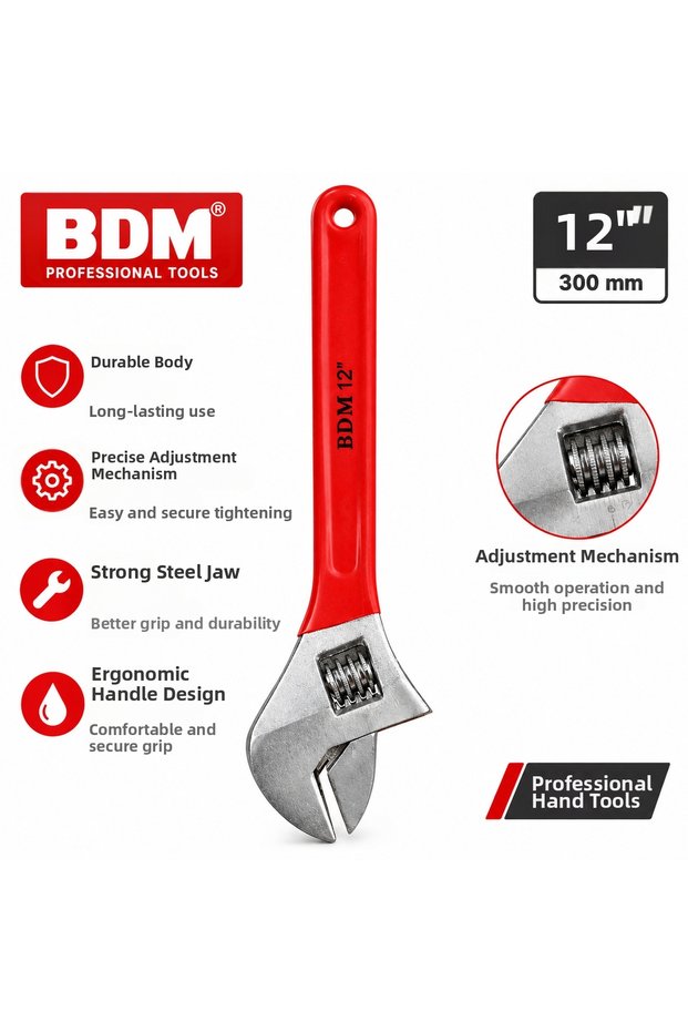 Bdm 12" Frog Wrench 300 mm Adjustable Spanner – Professional Hand Tool
