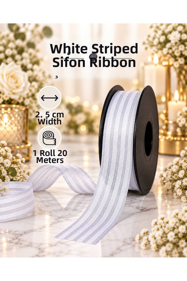 White Striped Chiffon Ribbon 2.5 cm – 1 Roll 20 Meters – Decorative Bow, Gift Wrapping and Organizational Decoration Ribbon