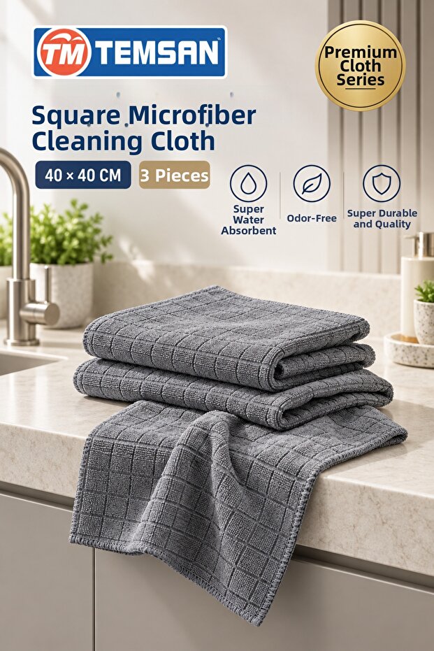 Temsan 3-Piece Checkered Microfiber Cleaning Cloth 40X40 cm Gray Kitchen and General Cleaning Cloth