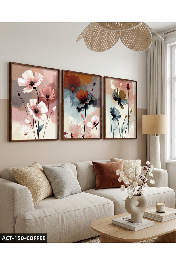 Elegant Flowers on Colorful Background 3 Piece Wooden Framed Painting Act