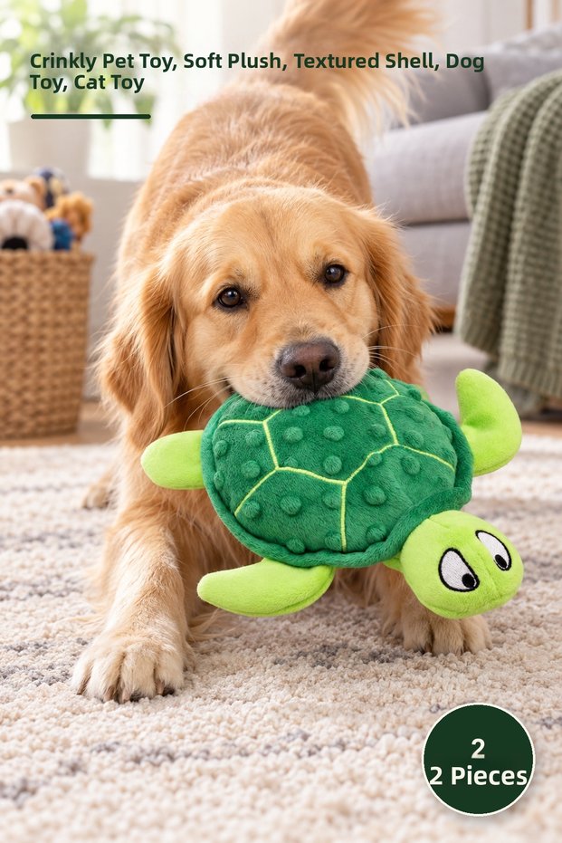 2 Pieces Plush Turtle Toy – Squeaky Pet Toy, Soft Plush, Embossed Shell, Dog Toy, Cat Toy