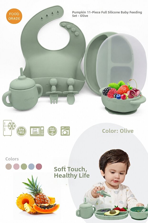 Pumpkin 9 Piece Full Baby Feeding Set, 100% Bpa Free, Natural Silicone - Olive