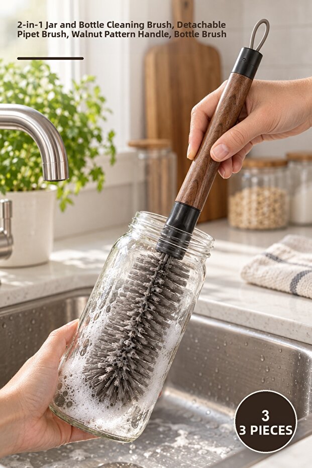 3-Piece Jar Brush Set – 2-in-1 Jar and Bottle Cleaning Brush, Detachable Straw Brush, Walnut Patterned Handle, Bottle Brush