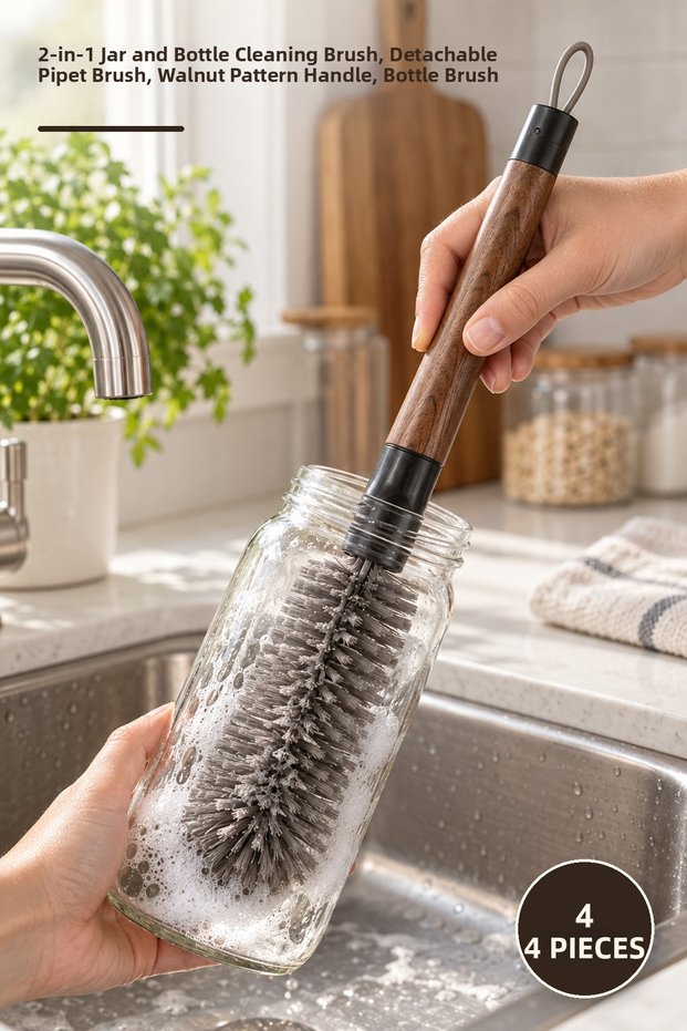 4 Pieces Jar Brush – 2-in-1 Jar and Bottle Cleaning Brush, Detachable Straw Brush, Walnut Patterned Handle, Bottle Brush