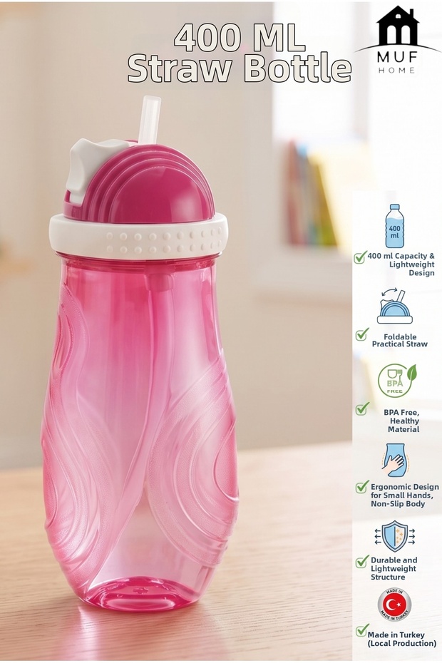 Practical Children's Water Bottle with Straw - Leak-Proof Flask for School and Kindergarten with Easy-To-Open Straw System, Bpa-Free. 400 ml