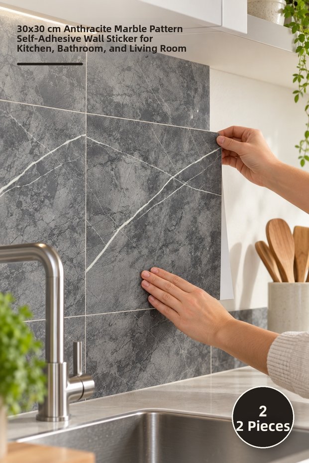 2 Pieces of Wall Sticker – 30X30 cm Anthracite Marble Patterned Self-Adhesive Wall Sticker Kitchen Bathroom Living Room