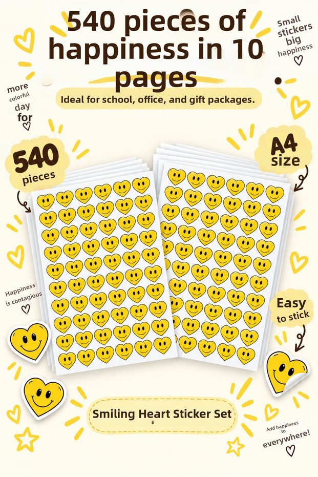 Smiling Heart Sticker Set 540 Pieces 10 Sheets Yellow Smile Heart Sticker – Notebook, Laptop, Gift Decoration Label