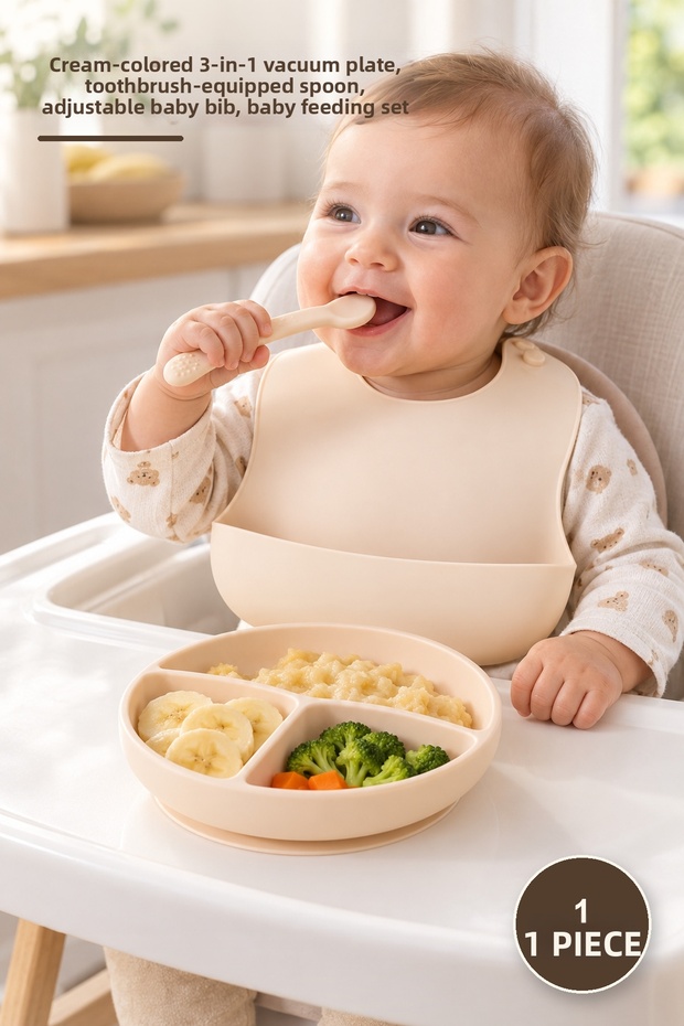 1 Piece Silicone Baby Feeding Set – Cream Color 3-Piece Vacuum Plate, Teether Spoon, Adjustable Feeding Bib, Baby Feeding Set