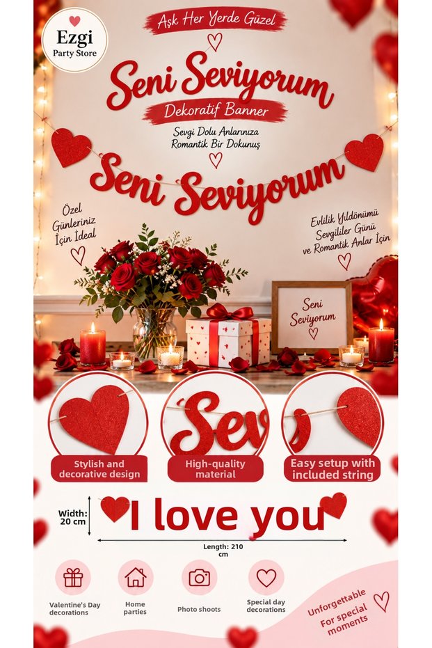 I Love You Banner 210cm Red Romantic Ornament Wedding Anniversary Celebration Valentine's Day Decoration
