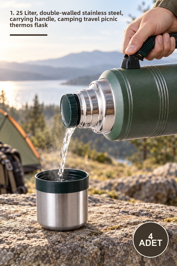 4 Pieces Vacuum Steel Thermos - 1.25 Liter, Double Layer Stainless Steel, with Carrying Handle, Camping Travel Picnic Thermos Flask