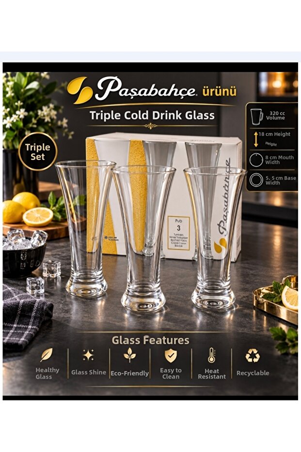 3-Piece Pub Cold Drink Glass 320 Cc Volume 18 cm Length 8 cm Mouth 5 cm Base