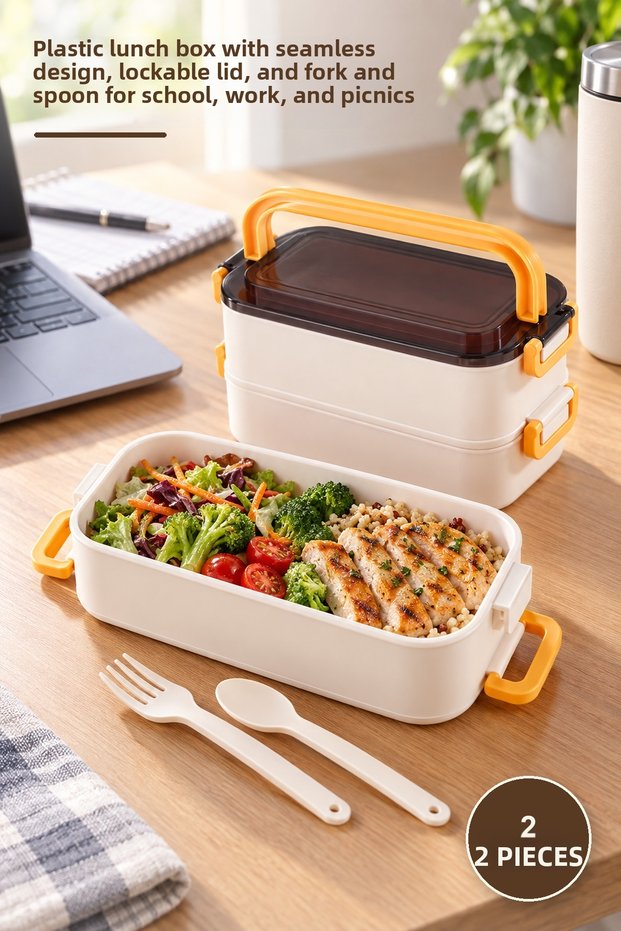 2 Pieces Two-Tiered Lunch Box – Plastic Lunch Box with Compartment-Free Design, Locking Lid and Fork Spoon for School, Work, Picnic
