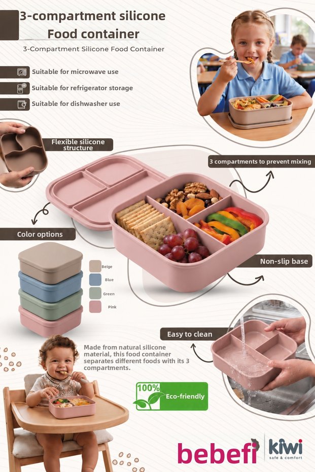 Natural Silicone 3-Compartment Heat-Resistant Lunch Box, Pink