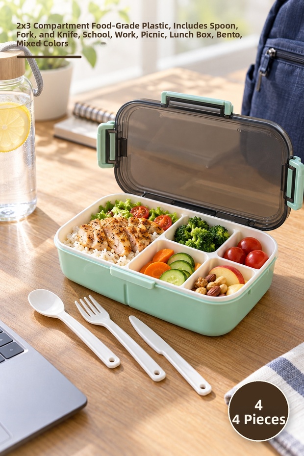 4-Piece Single-Layer Compartmented Lunch Box – 2X3 Compartments Food-Grade Plastic, Spoon, Fork, Knife Included, School Work Picnic, Lunch Box Bento, Mixed Colors