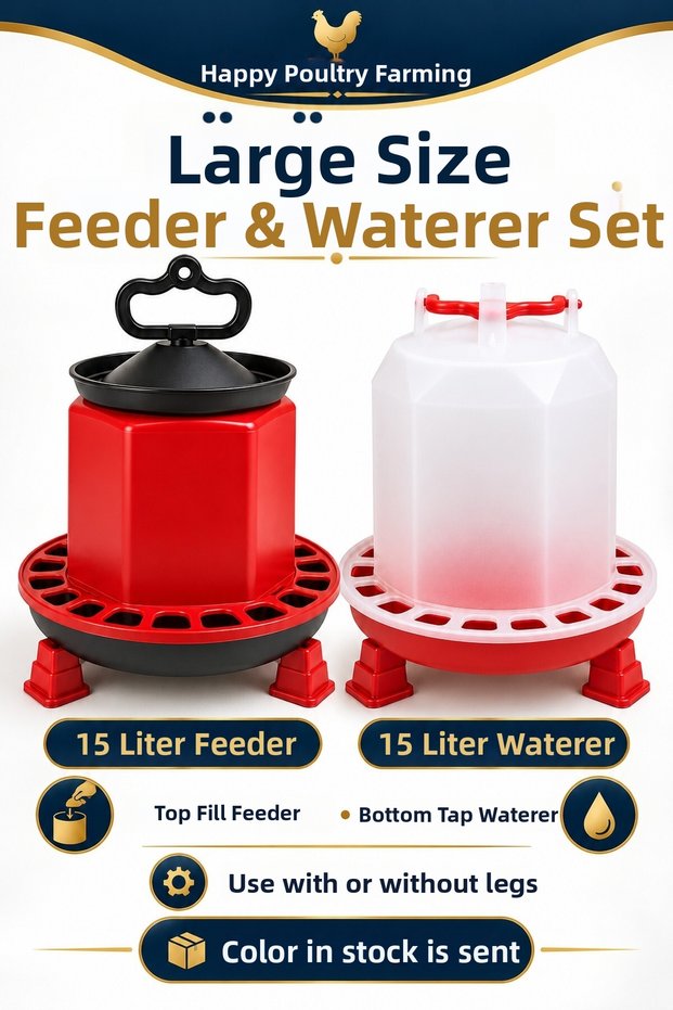 Large Size 15 Liter Feeder and Waterer Set – Top-Fill Feeder, Bottom-Tap Waterer, Stand-On/Stand-Free Use, Durable Plastic Equipment for Chickens, Chicks, and Poultry