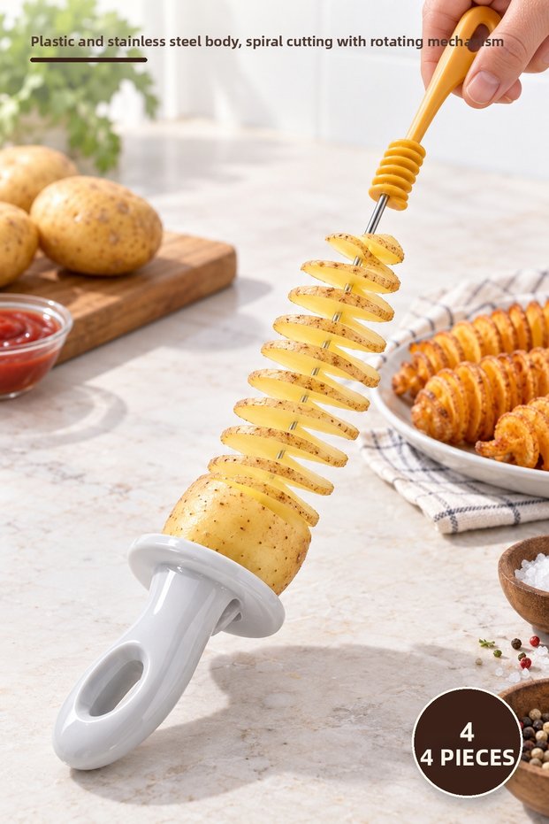 4-Piece Spiral Potato Slicer – Plastic and Stainless Steel Body, Spiral Cutting with Rotary Mechanism, Spiralizer Potato Cutter Tornado Potato Snack Garnish Cutting