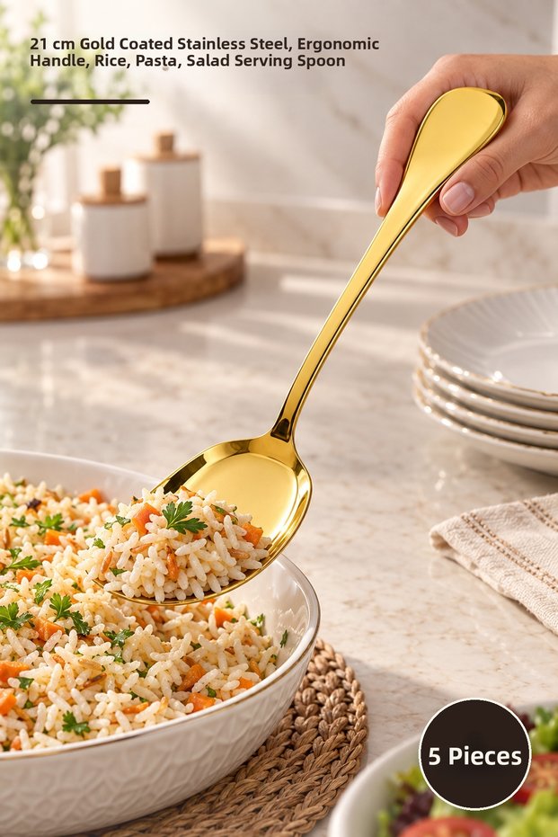 5 Pieces Metal Serving Spoon - 21 cm Stainless Steel Gold Color Shiny Gold Plated, Ergonomic Handle, for Serving Rice Pasta Salad, Serving Spoon