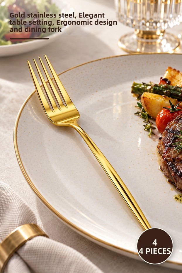 4-Piece Dinner Fork Set – Gold Color Stainless Steel, Stylish Tableware Presentation, Ergonomic Design, and Dining Fork