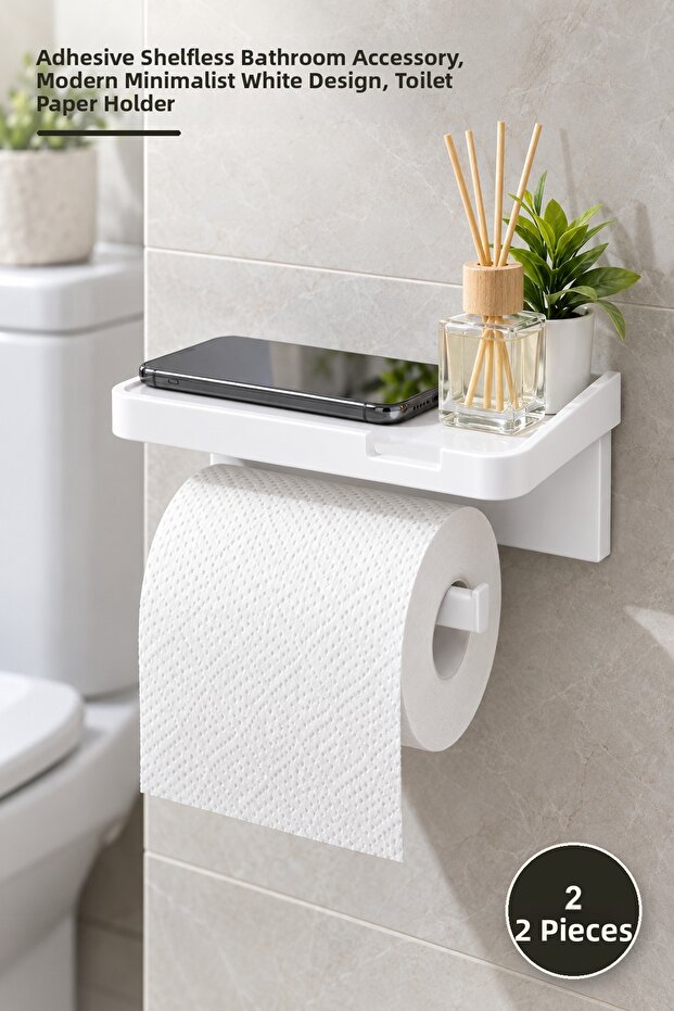 2 Pieces Toilet Paper Hanger – Adhesive No-Drill Bathroom Accessory with Shelf, Modern Minimalist White Design, Toilet Paper Holder