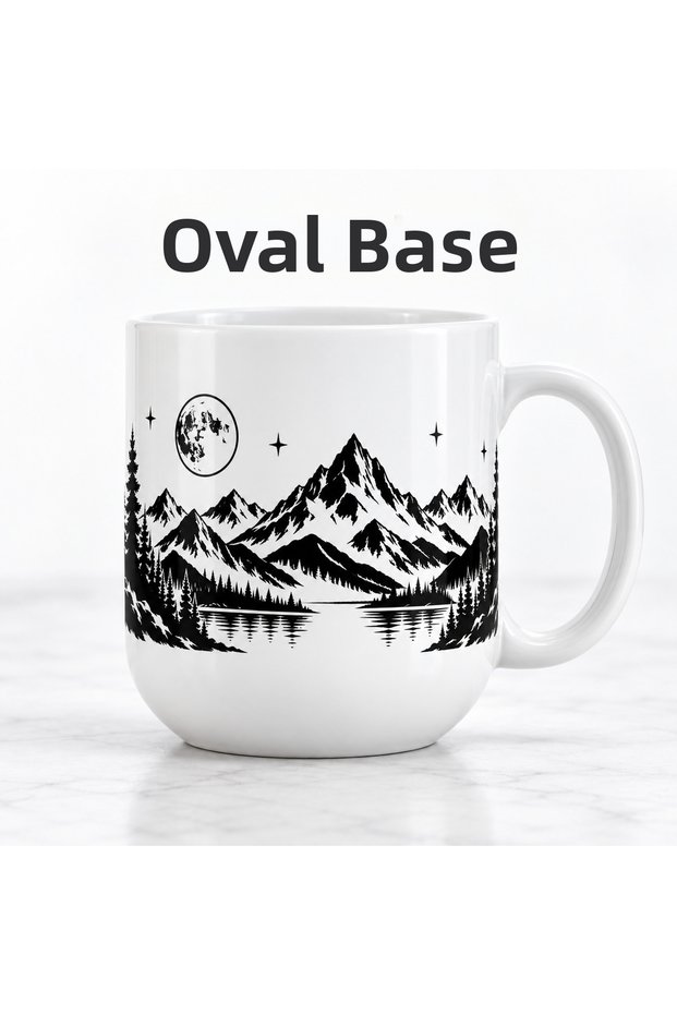 Porcelain Mug with Mountain, Forest and Lake View, 300 Ml, Black and White Nature Patterned Coffee and Tea Cup with Handle, Gift