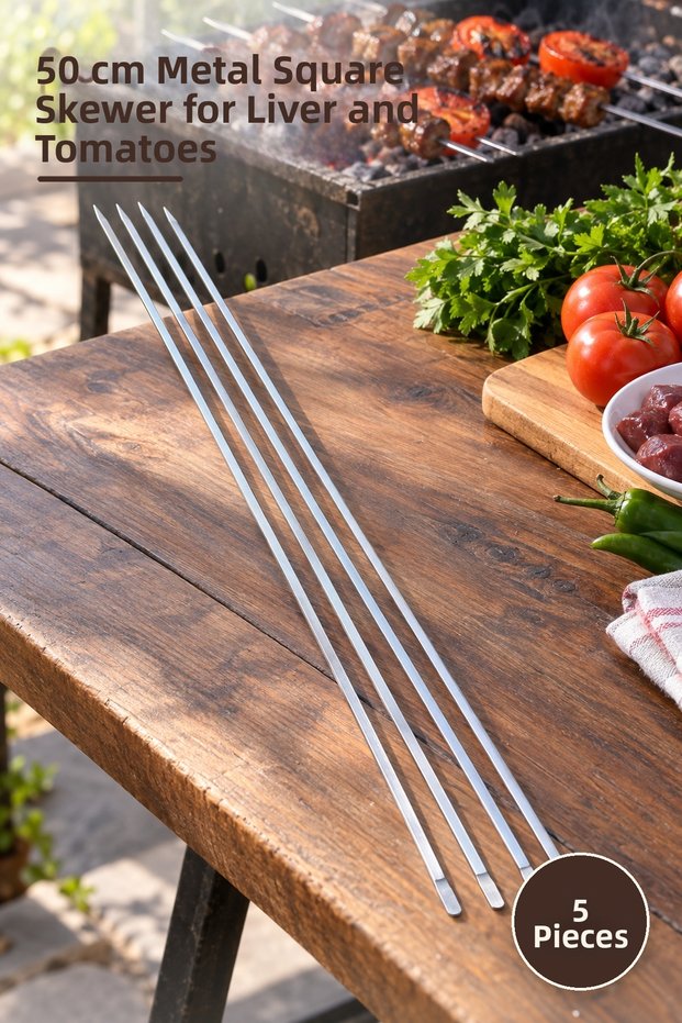 5 Pieces of Thin Square-Cut Metal Barbecue Skewers – 50 cm Metal Square Skewers for Liver and Tomato Skewer Kebab