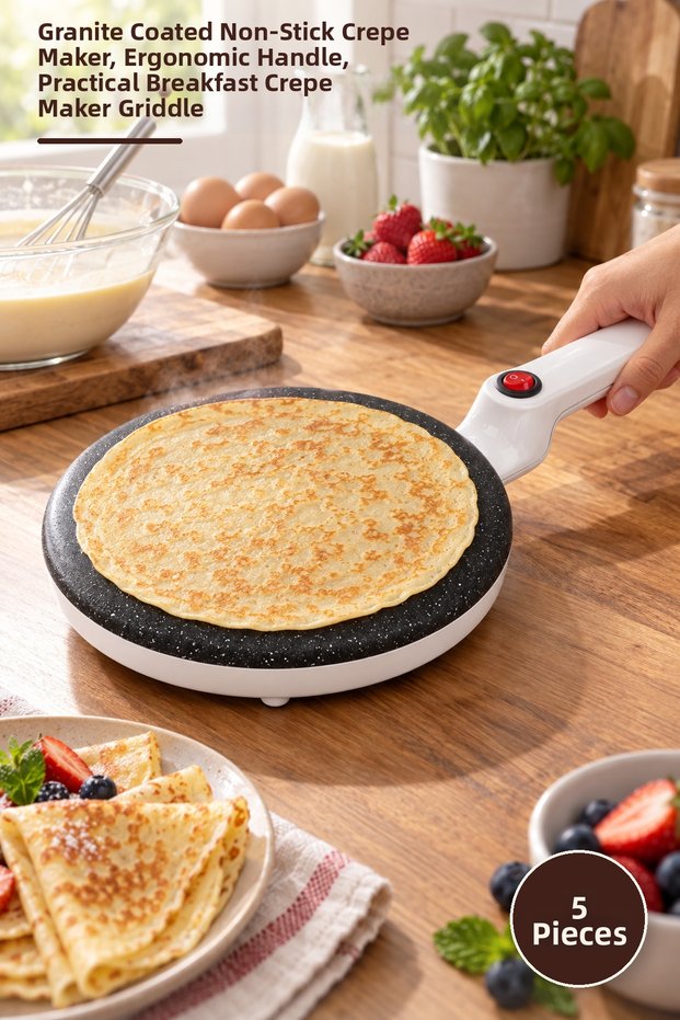 5-Piece Pancake and Crepe Maker – Granite Coated Non-Stick Cooker, Practical Breakfast Crepe Maker Griddle with Ergonomic Handle