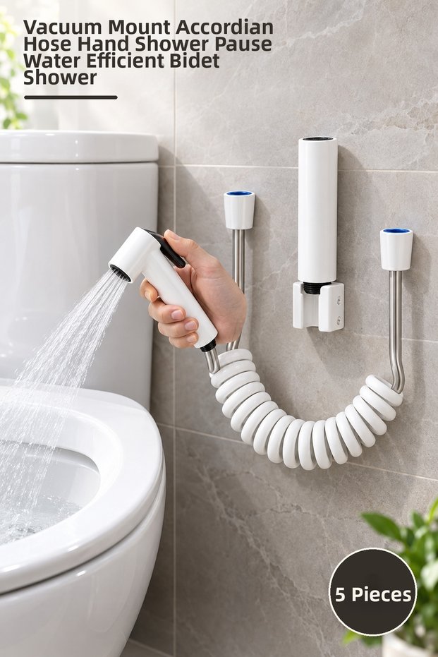 5-Piece White Taharetmatik Set – Hand Shower with Vacuum Mounting Accordion Hose Pause Water-Saving Bidet Shower