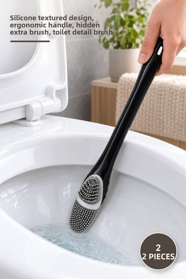 2 Pieces Toilet Detail Cleaning Brush – Silicone Serrated Design, Ergonomic Handle, Hidden Extra Brush, Toilet Detail Brush