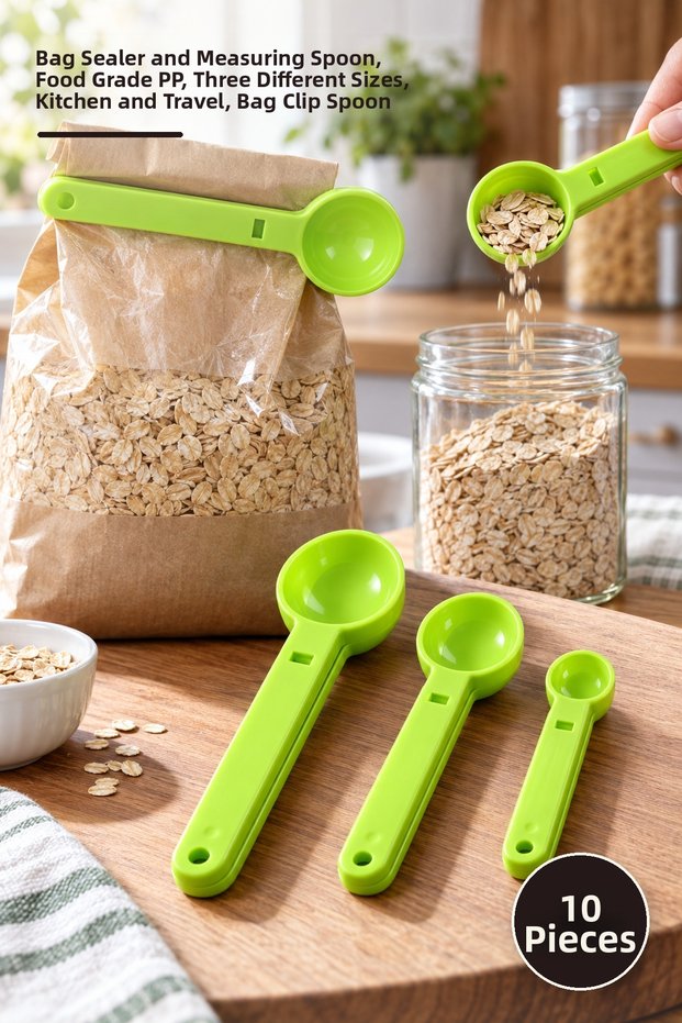 10 Pieces of Bag Clips with Measuring Spoons – Bag Sealer and Measuring Spoon, Food Grade Pp, Three Different Sizes, Kitchen and Travel, Bag Clip Spoon