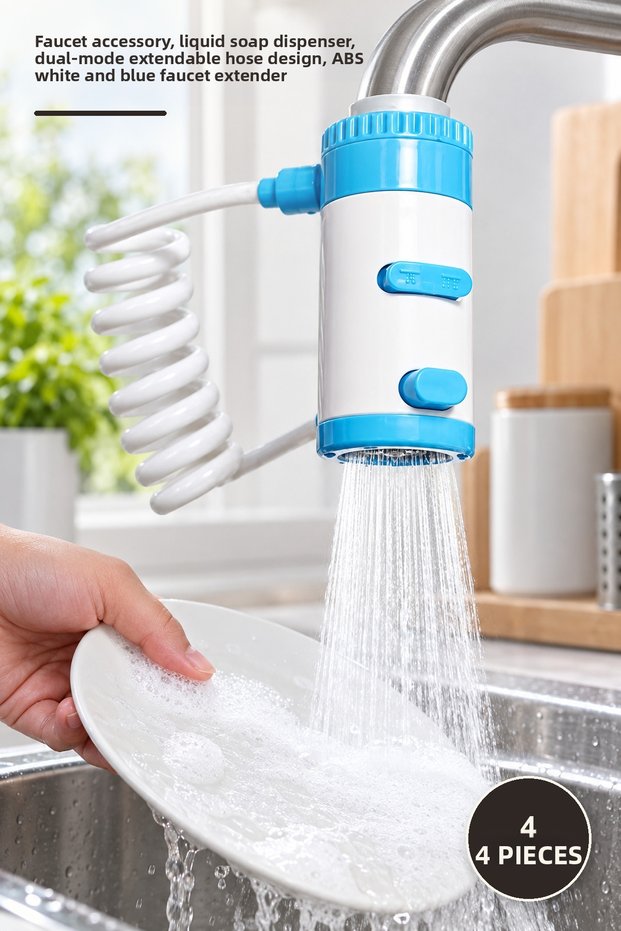 4 Pieces Multifunctional Faucet Extender and Soap Dispenser – Faucet Attachment, Liquid Soap Dispenser, Dual Mode Design with Extendable Hose, Abs White Blue Faucet Extender