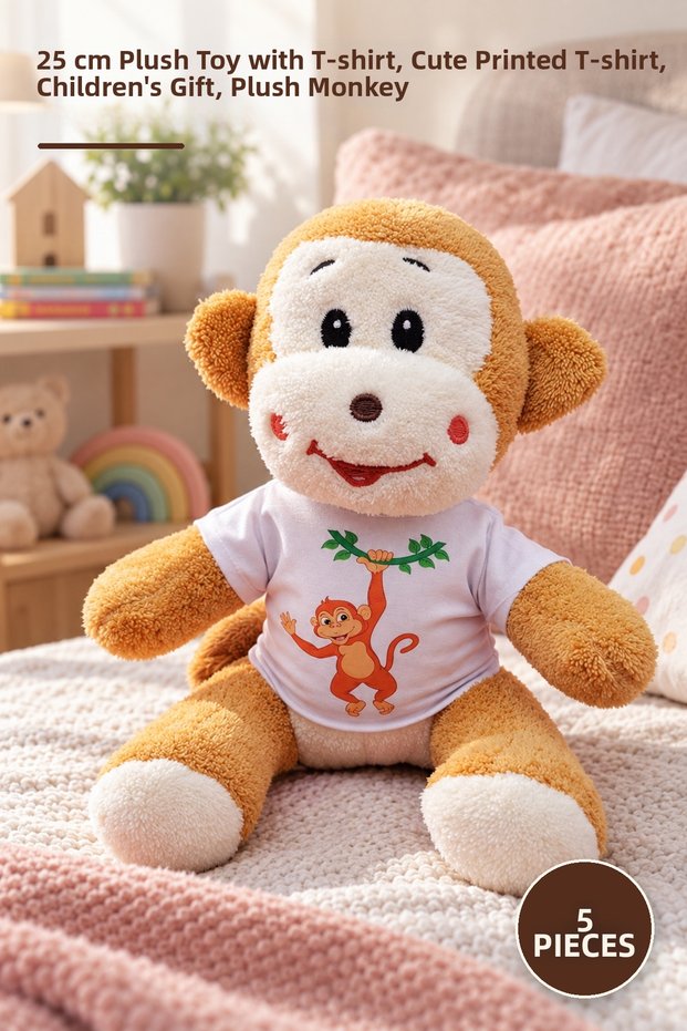 5 Pieces of Plush Monkey – Plush Toy with T-Shirt 25 Cm, Cute Printed T-Shirt, Children's Gift, Plush Monkey
