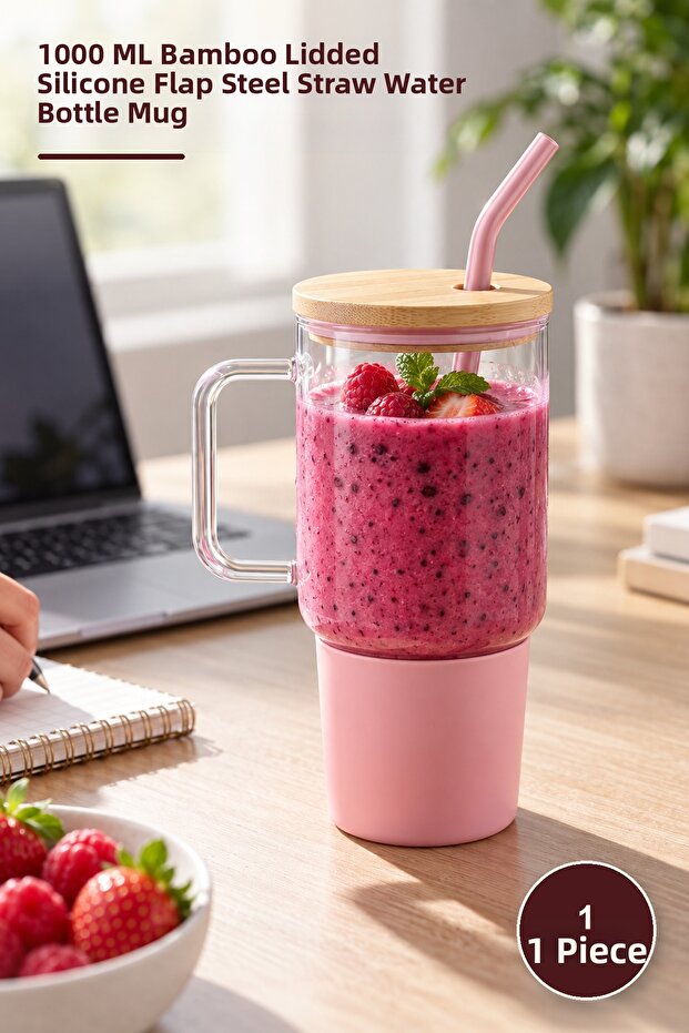 1 Piece Glass Water Bottle Mug – 1000 ml Bamboo Lid, Silicone Case, Steel Straw, Water Bottle Mug