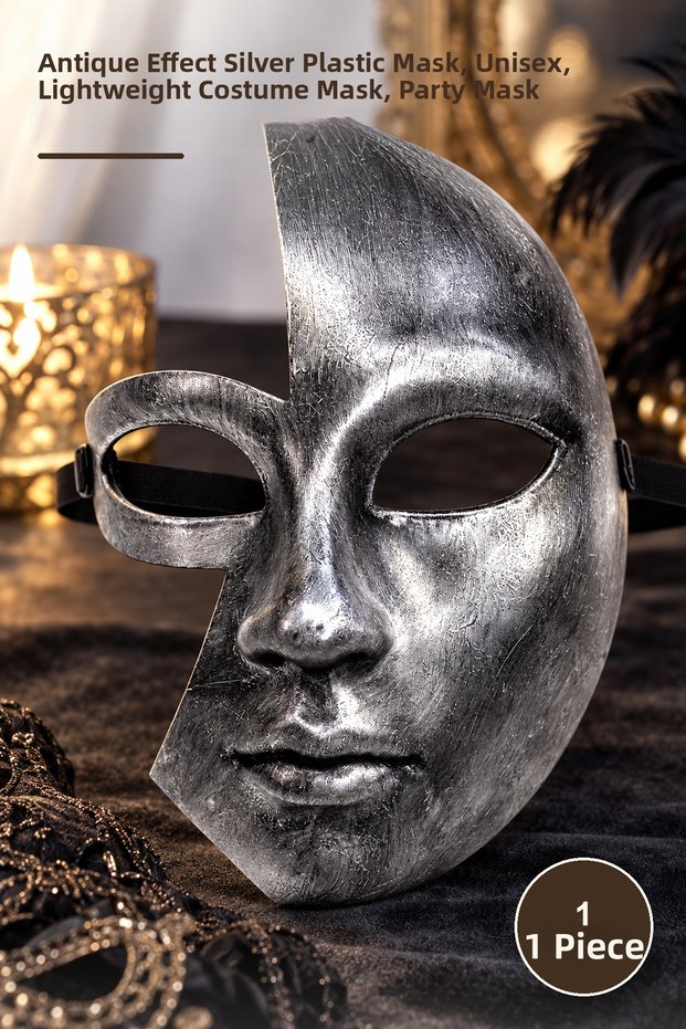 1 Piece Half Face Party Mask – Silver Plastic Mask with Antique Effect, Unisex, Lightweight Costume Mask, Party Mask