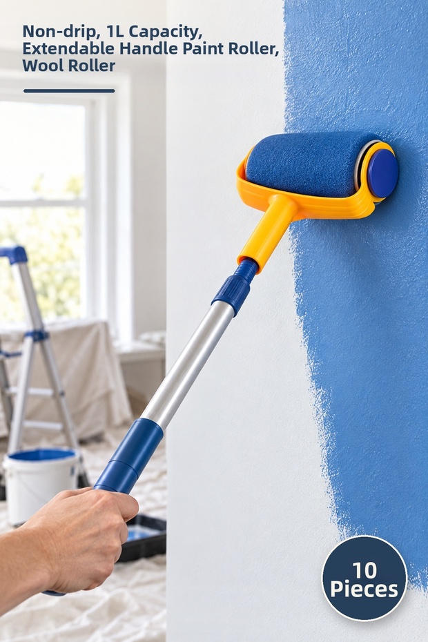 10 Practical Paint Rollers – 1 L Capacity with Non-Drip Inner Tank, Paint Roller with Extension Attachment, Wool Roller
