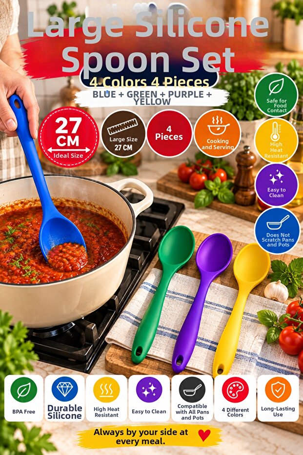 Set of 4 Blue Green Purple Yellow, Large Size Silicone Spoon Set 27 Cm, Kitchen Cooking Serving Spoon
