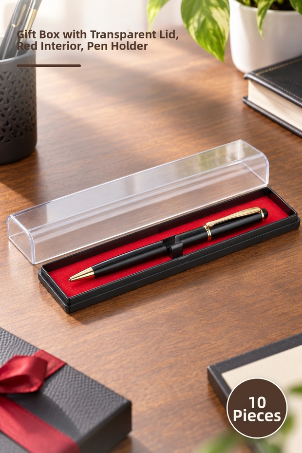 10 Pieces Plastic Gift Pen Box – Gift Presentation Box with Transparent Lid, Red Base Stabilizer, Pencil Case