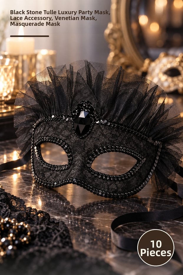 10 Pieces of Venetian Masks – Luxury Party Mask with Black Stones and Tulle, Lace Accessory, Venetian Mask, Masquerade Mask