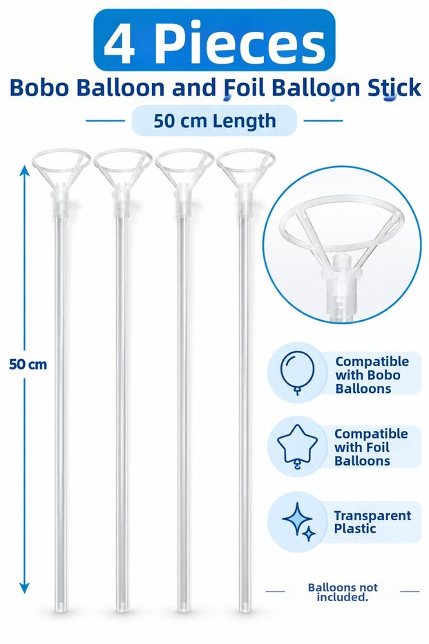 4 Pcs Bobo Balloon Stick Set 50cm Foil Balloon Stick Transparent Plastic Stick and Balloon Holder Header