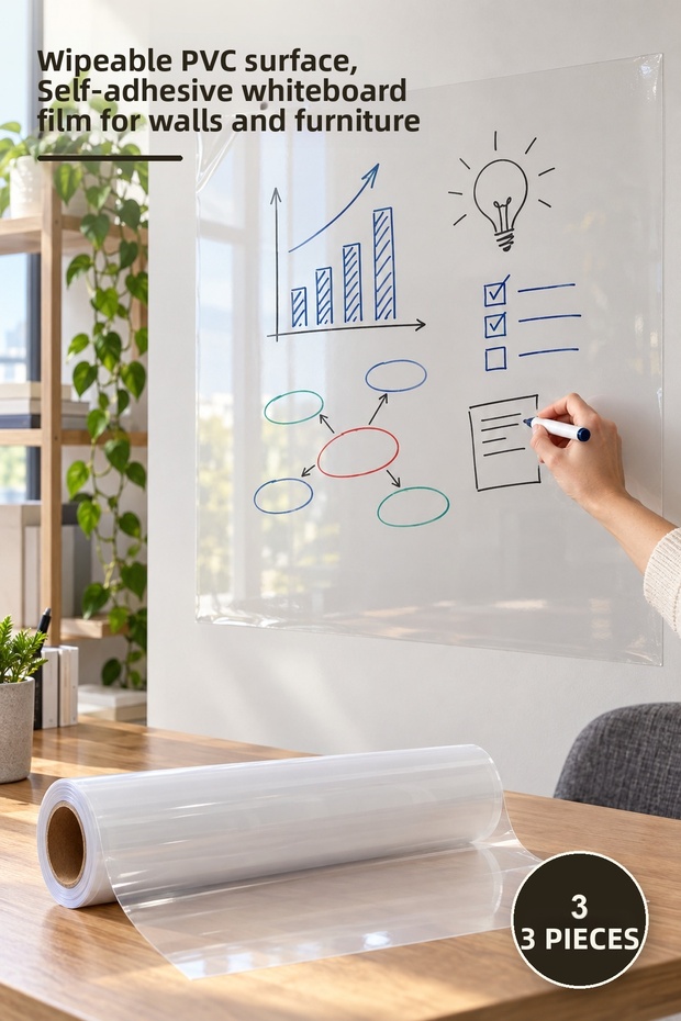 3 Pieces of Self-Adhesive Transparent Board Film – Erasable Pvc Surface, Self-Adhesive Whiteboard Film for Walls and Furniture