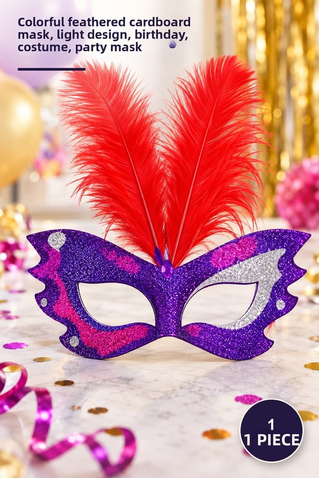 1 Piece Feathered Cardboard Party Mask – Colorful Feather Detailed Cardboard Mask, Lightweight Design, Birthday, Costume, Party Mask