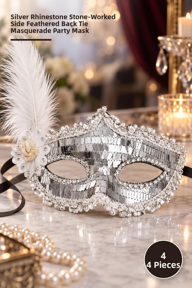 4 Pcs Venetian Party Mask – Silver Sequined Stone Embroidered Side Feathered Tie-Back Mask Prom Masquerade Party Mask
