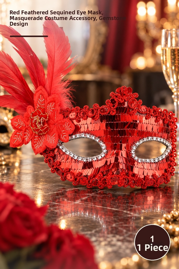 1 Piece Party Mask – Red Sequined Eye Mask with Fluffy Edges, Masquerade Costume Accessory, Rhinestone Design