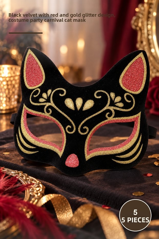 5 Pieces Cat Mask – Black Suede Covered Red Yellow Glitter Design, Costume Party Proms Carnival Cat Mask