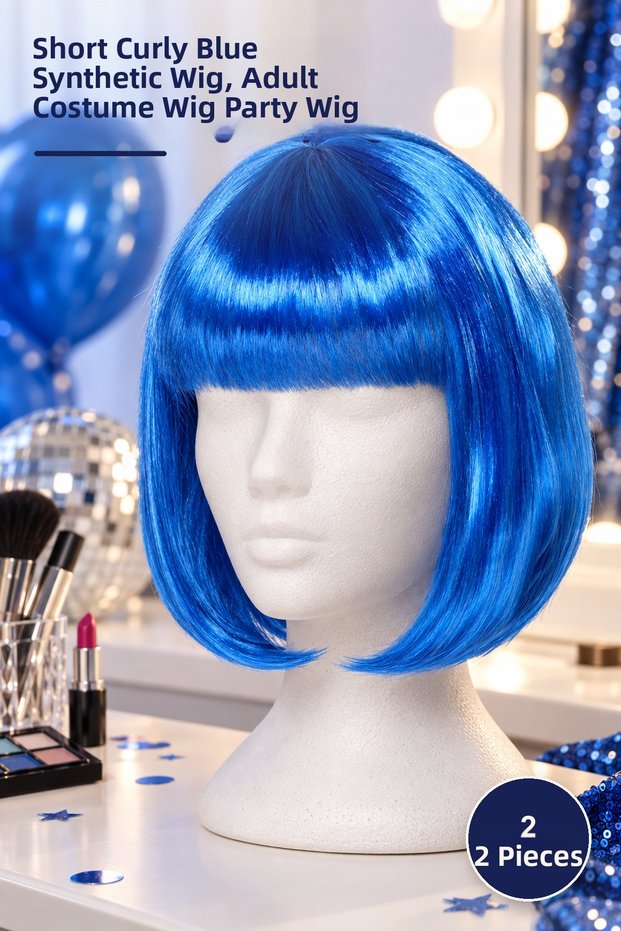 2 pcs party wigs - short blunt blue synthetic hairpiece, adult costume wig party wig
